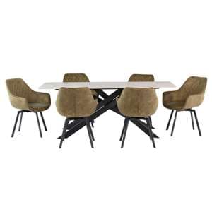 Caelan 200cm Kass Gold Marble Dining Table 6 Viha Green Chairs - UK