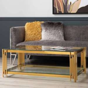 Calvi Clear Glass Coffee Table In Gold Stainless Steel Tubes - UK