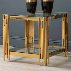 Calvi Clear Glass End Table In Gold Stainless Steel Tubes - UK