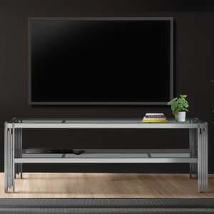 Calvi Clear Glass TV Stand With Undershelf In Chrome Steel Tubes - UK