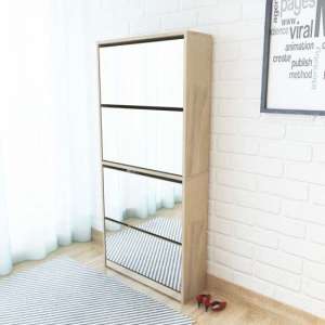 Calvi Wooden Shoe Storage Cabinet With 4 Mirror Layers In Oak - UK