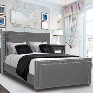 Camdenton Plush Velvet Double Bed In Grey - UK