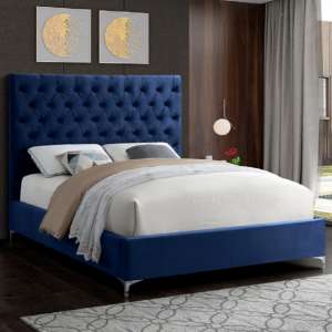 Campione Plush Velvet Upholstered Double Bed In Blue - UK