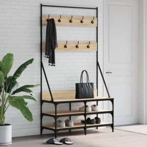 Camrose Wooden Clothes Rack With Shoe Storage In Sonoma Oak - UK