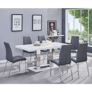 Candice White High Gloss Dining Table With 6 Opal Grey Chairs - UK