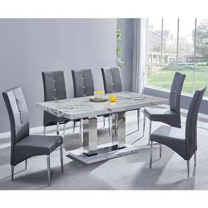 Candice Gloss Dining Table In Diva Marble Effect 6 Grey Chairs