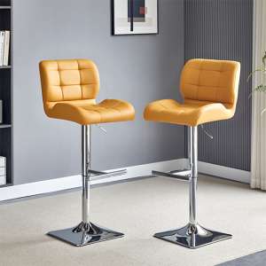 Candid Curry Faux Leather Bar Stools With Chrome Base In Pair