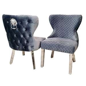 Caney Lion Knocker Dark Grey Velvet Dining Chairs In Pair