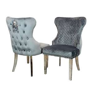 Caney Lion Knocker Grey Shimmer Velvet Dining Chairs In Pair