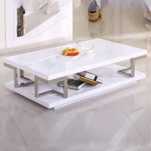 Caoimhe White High Gloss Coffee Table With Stainless Frame - UK
