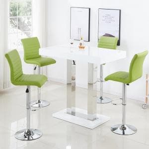 Caprice Bar Table In White Gloss And 4 Ripple Lime Green Stools