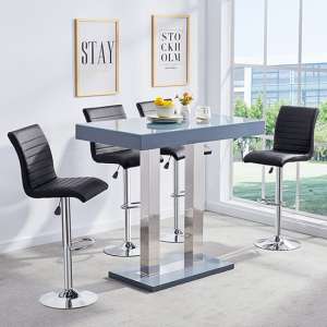 Caprice Grey High Gloss Bar Table With 4 Ripple Black Stools