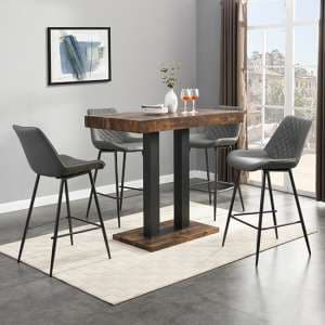 Caprice Rustic Oak Wooden Bar Table With 4 Oston Grey Stools - UK