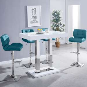 Caprice White High Gloss Bar Table With 4 Candid Teal Stools