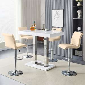 Caprice White High Gloss Bar Table With 4 Ripple Taupe Stools