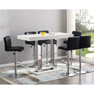 Caprice Large White Gloss Bar Table With 6 Coco Black Stools