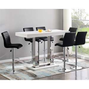 Caprice Large White Gloss Bar Table With 6 Ripple Black Stools
