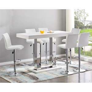 Caprice Large White Gloss Bar Table With 6 Ripple White Stools