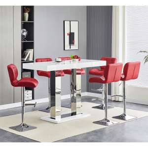Caprice White High Gloss Bar Table Large 6 Candid Bordeaux Stools