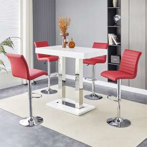 Caprice White High Gloss Bar Table Small 4 Ripple Bordeaux Stools