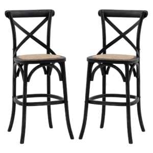Caria Black Wooden Bar Chairs With Rattan Seat In A Pair - UK