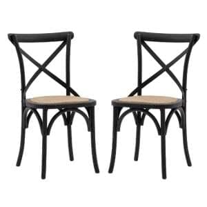 Caria Black Wooden Dining Chairs With Rattan Seat In A Pair