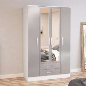 Carola 4 Doors Mirrored Wardrobe In White And Grey High Gloss