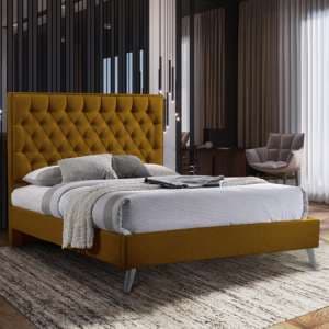 Carrara Plush Velvet Upholstered Double Bed In Mustard - UK
