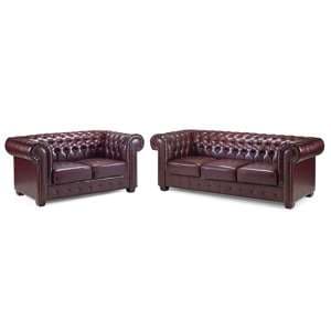 Caskey Bonded Leather 3+2 Seater Sofa Set In Oxblood Red - UK