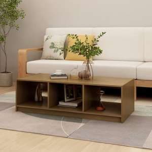 Cason Solid Pinewood Coffee Table With 2 Shelves In Honey Brown - UK