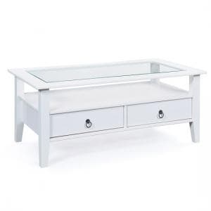 Cassala Glass Top Coffee Table In White With 2 Drawers