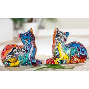 Cat lying Pop Art Poly Set Of 2 Design Sculpture In Multicolor