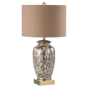 Catania Gold Linen Shade Table Lamp With Brown Patterned Ceramic Base - UK
