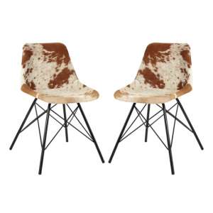 Catila Cowhide Faux Leather Dining Chairs In Pair