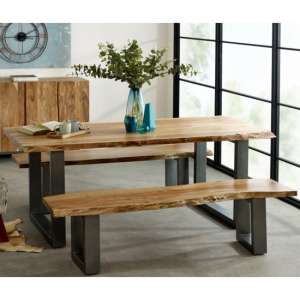 Catila Live Edge Large Dining Table In Oak With 2 Benches