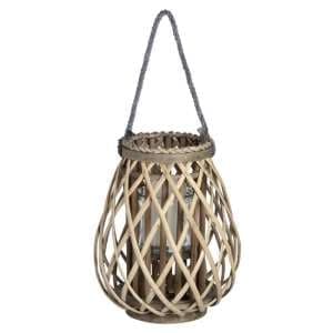 Cave Small Wicker Bulbous Lantern In Brown With Glass Hurricane
