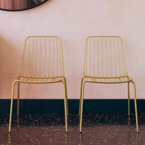 Cedar Gold Metal Wired Design Dining Chairs In Pair
