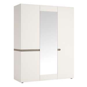Cheya Mirrored 3 Doors Gloss Wardrobe In White And Truffle Oak - UK