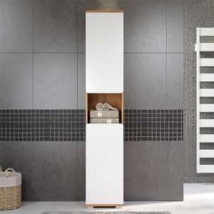 Ciara White Gloss Tall Bathroom Storage Cabinet In Artisan Oak - UK