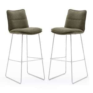 Ciko Olive Fabric Bar Stools With Brushed Legs In Pair