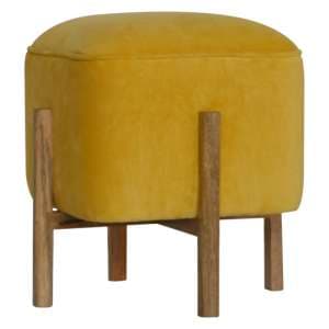 Clarkia Velvet Footstool In Mustard With Solid Wood Legs - UK