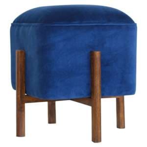 Clarkia Velvet Footstool In Royal Blue With Solid Wood Legs - UK