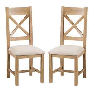 Concan Medium Oak Cross Back Fabric Seat Dining Chairs In Pair