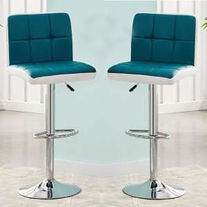 Copez Teal And White Faux Leather Bar Stools In Pair