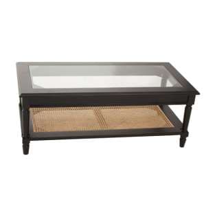 Corson Clear Glass Coffee Table With Rattan Undershelf In Black - UK