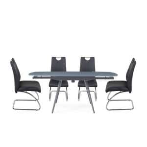 Jazz Extendable Glass Dining Table In Grey And 4 Black Chairs - UK