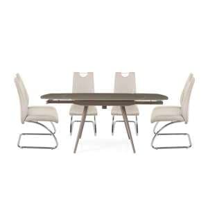 Cortina Extendable Glass Dining Table In Taupe 4 Champagne Chair - UK
