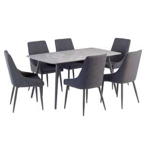 Coveta Grey Ceramic Dining Table With 6 Remika Blue Chairs - UK
