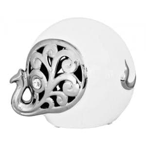 White And Silver Elephant Sculpture With Curled Trunk - UK