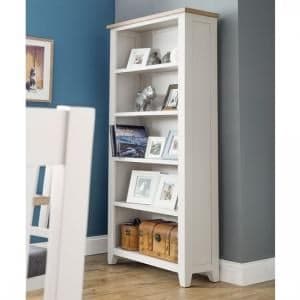 Raisie Wooden Tall Bookcase In Oak Top And Grey